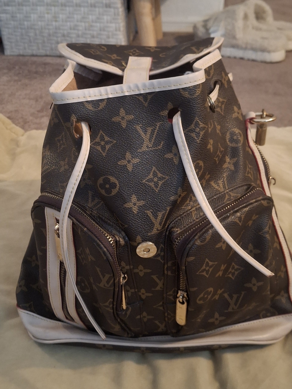 Brown Monogram Drawstring Backpack with White Trim